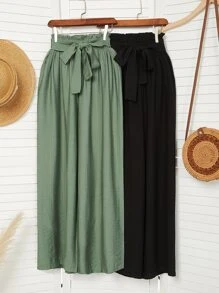 Mulvari 2pcs Paperbag Waist Belted Wide Leg Trousers - Multicolor - View 1
