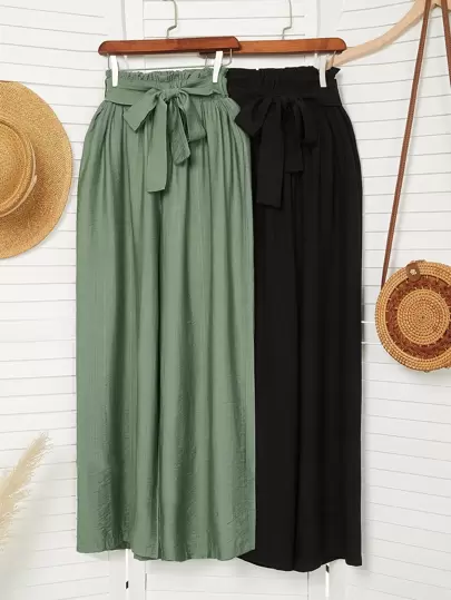 2StückeHosemitweitenBeinen,Papiertasche-Taille,Gürtel - Top products SHEIN