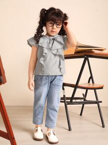 SHEIN Toddler Girls Bow Front Ruffle Trim Striped Top - Multicolor - View 3