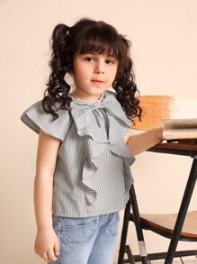 SHEIN Toddler Girls Bow Front Ruffle Trim Striped Top - Multicolor - View 6