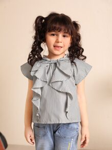 SHEIN Toddler Girls Bow Front Ruffle Trim Striped Top - Multicolor - View 5