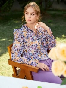 SHEIN Frenchy Plus Floral Flounce Sleeve Tie Front Blouse - Multicolor - View 1