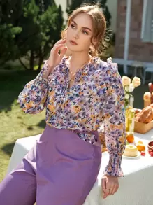 SHEIN Frenchy Plus Floral Flounce Sleeve Tie Front Blouse - Multicolor - View 3