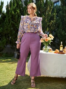 SHEIN Frenchy Plus Floral Flounce Sleeve Tie Front Blouse - Multicolor - View 4