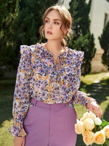SHEIN Frenchy Plus Floral Flounce Sleeve Tie Front Blouse - Multicolor - View 5