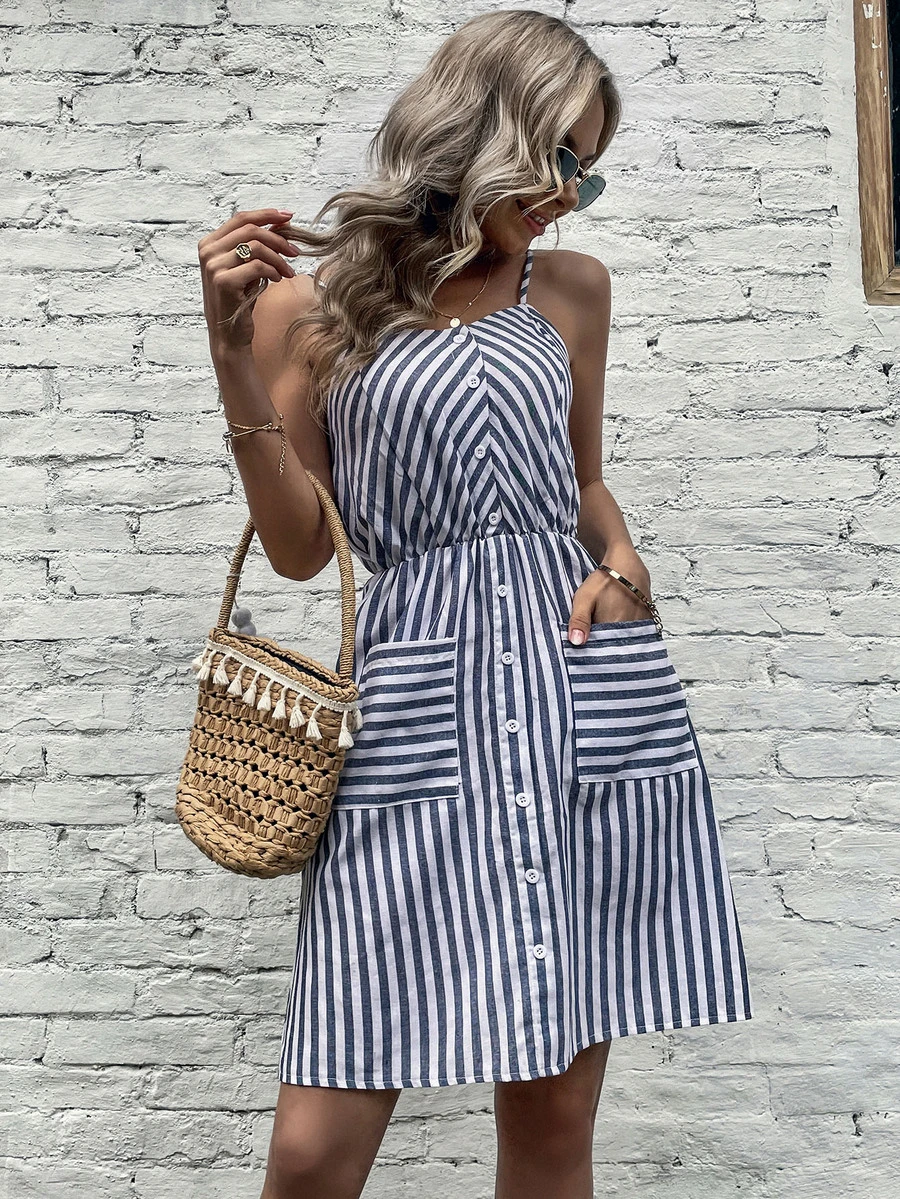 Striped Fake Button Dual Pocket Cami Dress - Multicolor - View 1