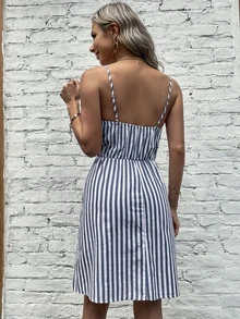 Striped Fake Button Dual Pocket Cami Dress - Multicolor - View 2