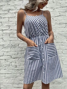 Striped Fake Button Dual Pocket Cami Dress - Multicolor - View 3