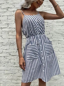 Striped Fake Button Dual Pocket Cami Dress - Multicolor - View 4