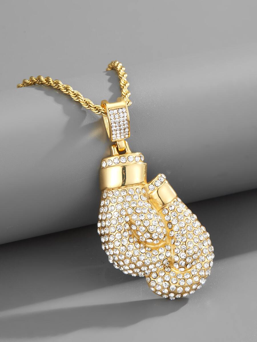 適合女士男士流行龐克嘻哈風格搖滾派對全水鑽華麗拳擊手套吊墜項鏈 - 金黃色 - 查看 1