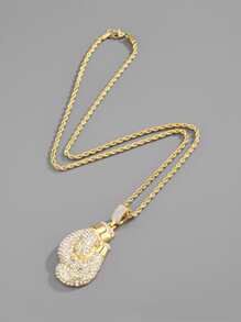 適合女士男士流行龐克嘻哈風格搖滾派對全水鑽華麗拳擊手套吊墜項鏈 - 金黃色 - 查看 3