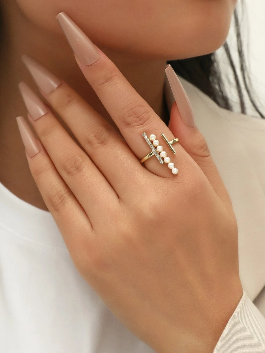 Faux Pearl & Rhinestone Decor Cuff Ring - Yellow Gold - View 1