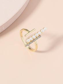 Faux Pearl & Rhinestone Decor Cuff Ring - Yellow Gold - View 2