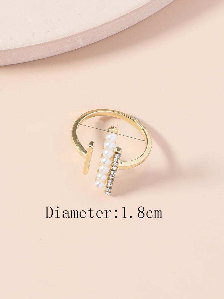 Faux Pearl & Rhinestone Decor Cuff Ring - Yellow Gold - View 3