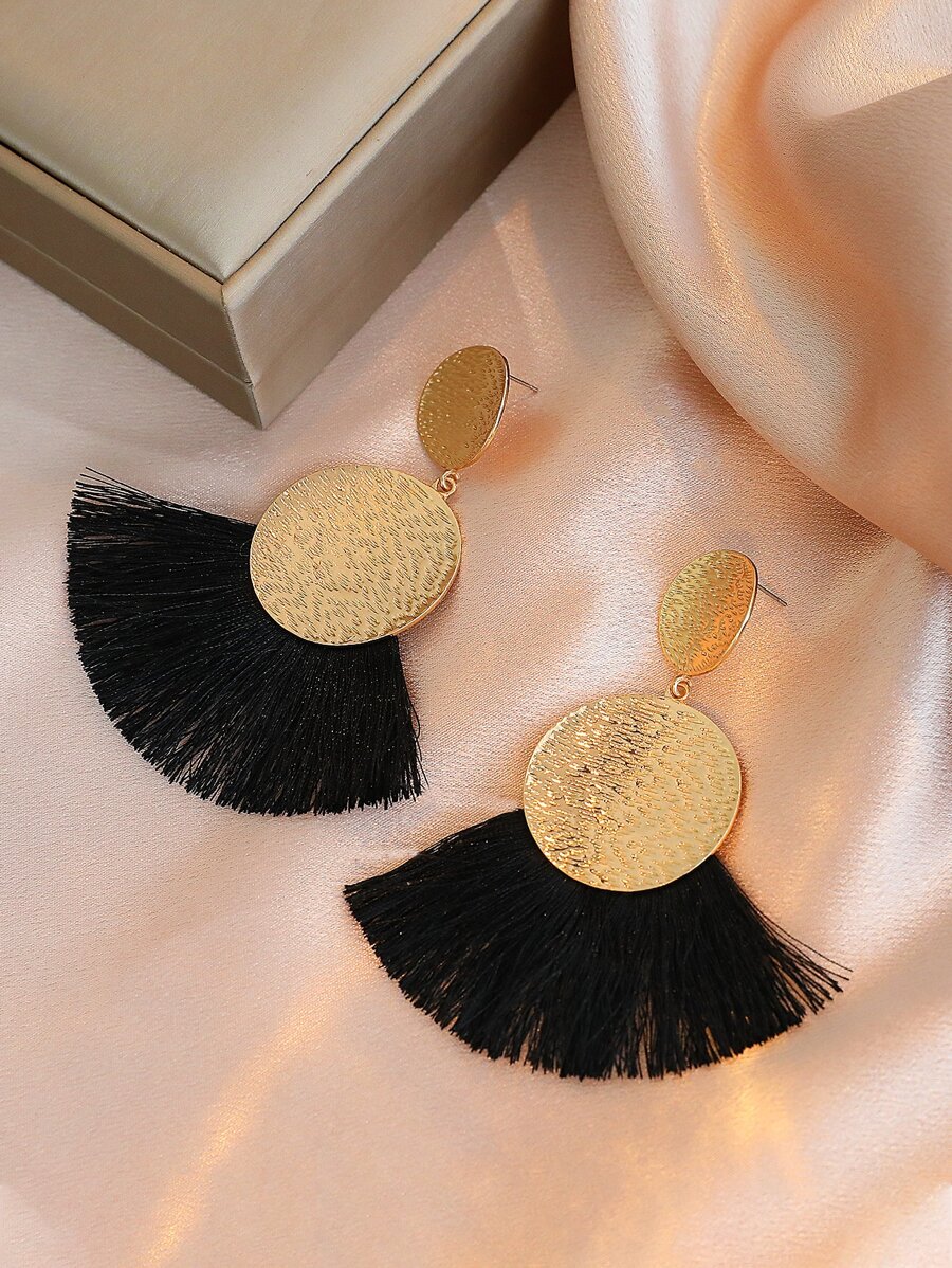 Tassel Decor Round Drop Earrings - Black - View 1