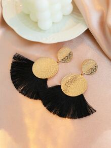 Tassel Decor Round Drop Earrings - Black - View 2