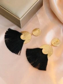Tassel Decor Round Drop Earrings - Black - View 3