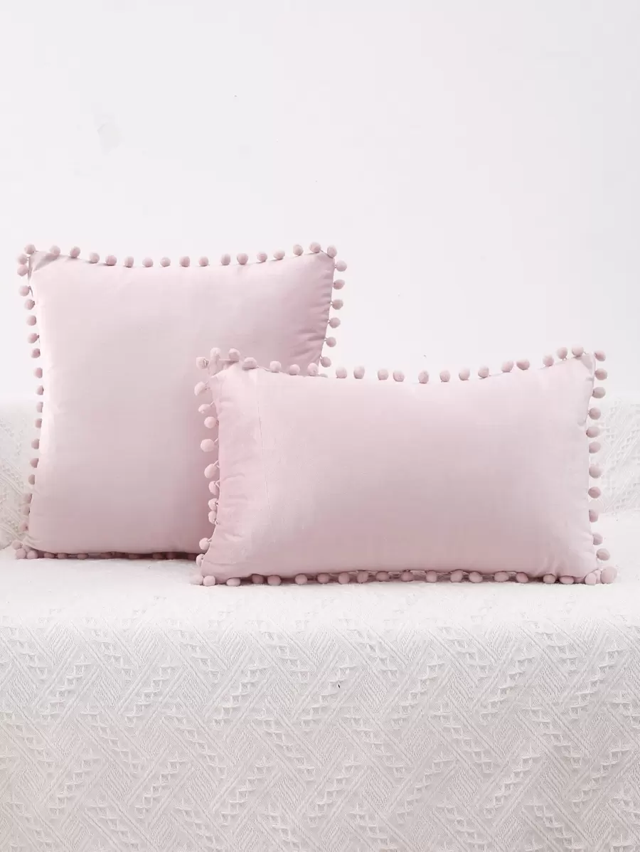 1pc Pom Pom Trim Cushion Cover Without Filler - Pink - View 1