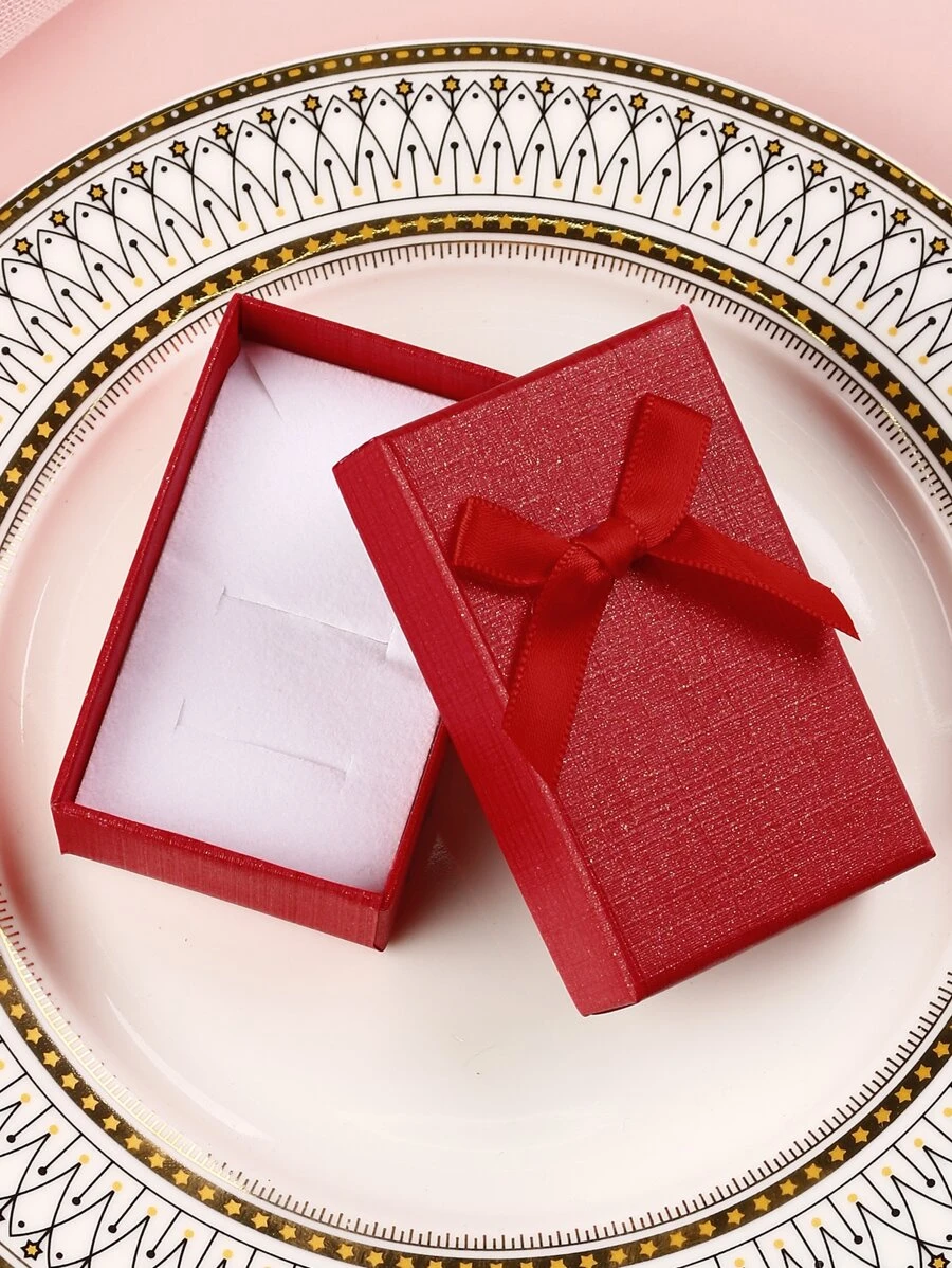 1pc Bow Detail Gift Box, Red Paper Jewelry Storage Box For Wedding Holiday Party - Red - View 1