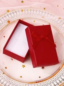 1pc Bow Detail Gift Box, Red Paper Jewelry Storage Box For Wedding Holiday Party - Red - View 3