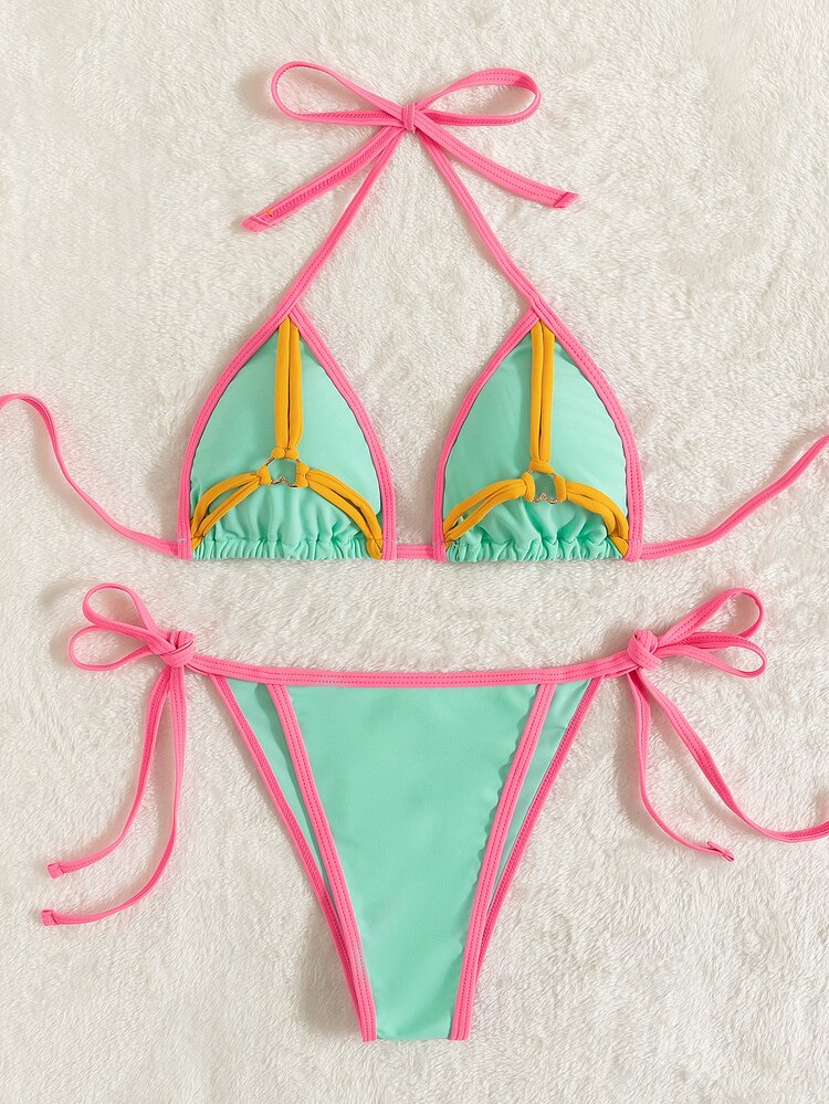 Bikini de tanga de triángulo con ribete de contraste - Multicolor - Añade 5