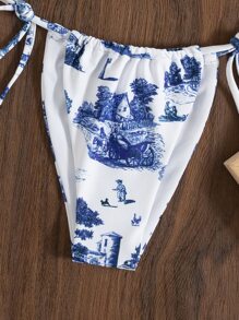 Bộ đồ bơi bikini và áo tam giác siêu nhỏ in họa tiết phong cảnh, dành cho kỳ nghỉ hè ở bãi biển - Xanh và trắng - Xem 3