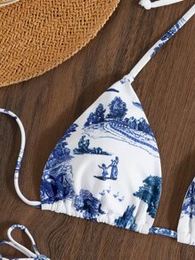 Bộ đồ bơi bikini và áo tam giác siêu nhỏ in họa tiết phong cảnh, dành cho kỳ nghỉ hè ở bãi biển - Xanh và trắng - Xem 4