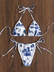 Bộ đồ bơi bikini và áo tam giác siêu nhỏ in họa tiết phong cảnh, dành cho kỳ nghỉ hè ở bãi biển - Xanh và trắng - Xem 5