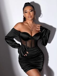 SHEIN SXY Bộ đồ hai mảnh nữ Tương phản Mesh Xù cắt Dây kéo màu trơn Gợi cảm - màu đen - Xem 1