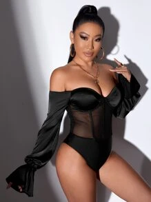 SHEIN SXY Bộ đồ hai mảnh nữ Tương phản Mesh Xù cắt Dây kéo màu trơn Gợi cảm - màu đen - Xem 3