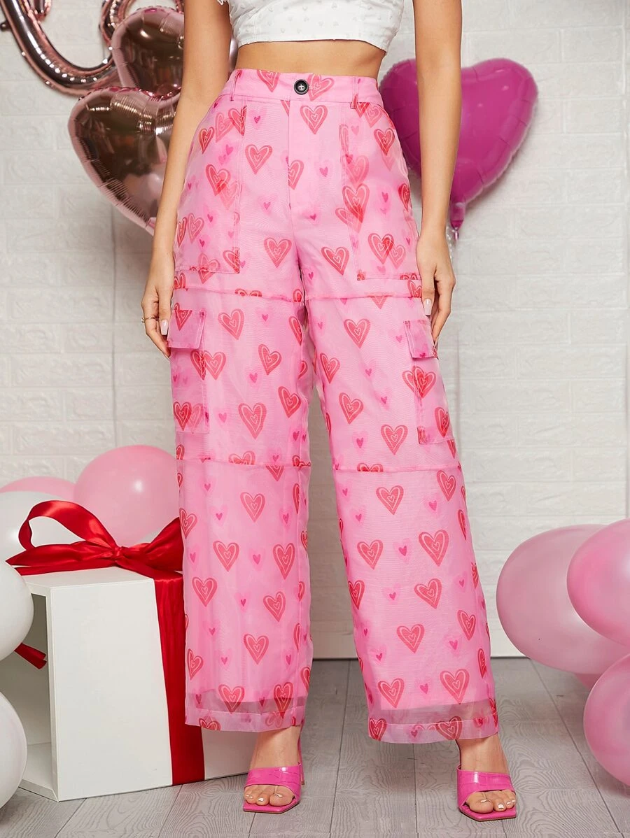 SHEIN Allover Heart Print Mesh Pants - Pink - View 1