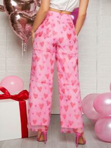 SHEIN Allover Heart Print Mesh Pants - Pink - View 2