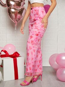 SHEIN Allover Heart Print Mesh Pants - Pink - View 4