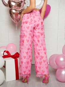 SHEIN Allover Heart Print Mesh Pants - Pink - View 5