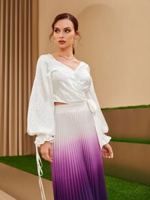 Modelyn Drawstring Flounce Sleeve Wrap Tie Side Polka Dot Blouse - White - View 3