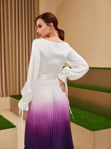 Modelyn Drawstring Flounce Sleeve Wrap Tie Side Polka Dot Blouse - White - View 4