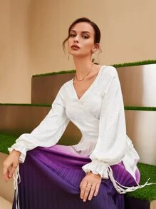 Modelyn Drawstring Flounce Sleeve Wrap Tie Side Polka Dot Blouse - White - View 5