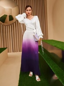 Modelyn Drawstring Flounce Sleeve Wrap Tie Side Polka Dot Blouse - White - View 6