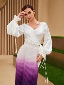 Modelyn Drawstring Flounce Sleeve Wrap Tie Side Polka Dot Blouse - White - View 8