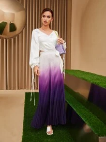 Modelyn Drawstring Flounce Sleeve Wrap Tie Side Polka Dot Blouse - White - View 9