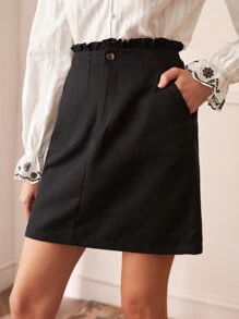 SHEIN Váy nữ Nút Túi Dây kéo Quần paper-bag màu trơn Thanh lịch - màu đen - Xem 1