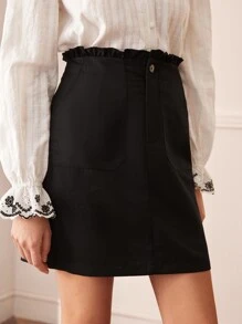 SHEIN Váy nữ Nút Túi Dây kéo Quần paper-bag màu trơn Thanh lịch - màu đen - Xem 3