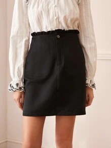 SHEIN Váy nữ Nút Túi Dây kéo Quần paper-bag màu trơn Thanh lịch - màu đen - Xem 5