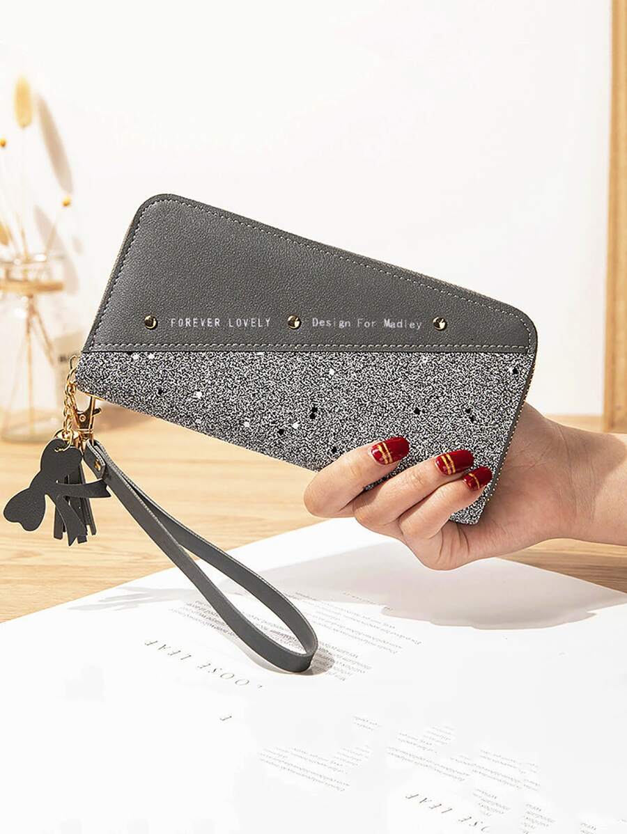 Yogodlns Tassel & Bow Decor Letter Graphic Long Wallet Checkbook Cover Slim Portable Money Cash White-Collar Workers For Female For Women College Work Business Commute Office For Anniversary For Couple For Birthday Gift On Valentine Day Gift - Grey - View 1