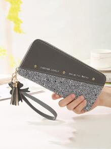 Yogodlns Tassel & Bow Decor Letter Graphic Long Wallet Checkbook Cover Slim Portable Money Cash White-Collar Workers For Female For Women College Work Business Commute Office For Anniversary For Couple For Birthday Gift On Valentine Day Gift - Grey - View 3