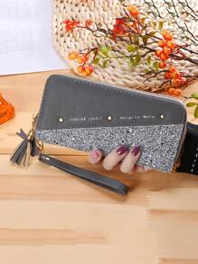 Yogodlns Tassel & Bow Decor Letter Graphic Long Wallet Checkbook Cover Slim Portable Money Cash White-Collar Workers For Female For Women College Work Business Commute Office For Anniversary For Couple For Birthday Gift On Valentine Day Gift - Grey - View 7