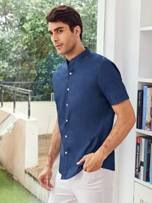 Manfinity VCAY Framsida Knappar Slätt Enkel Herr Skjorta - Marinblå - Visa 1