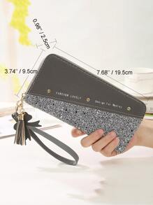 Yogodlns Tassel & Bow Decor Letter Graphic Long Wallet Checkbook Cover Slim Portable Money Cash White-Collar Workers For Female For Women College Work Business Commute Office For Anniversary For Couple For Birthday Gift On Valentine Day Gift - Grey - View 8