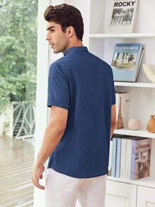 Manfinity VCAY Framsida Knappar Slätt Enkel Herr Skjorta - Marinblå - Visa 2