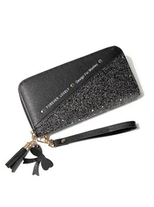 Yogodlns Tassel Decor Glitter Checkbook Cover Slim Portable Cash White-Collar Workers For Female College Work Business Commute Office For Anniversary For Birthday Gift On Valentine Day Gift Gift Wristlet Wallet Wristlet Wallet For Women Wallet Purse Wallet Long Wallet - Black - View 2